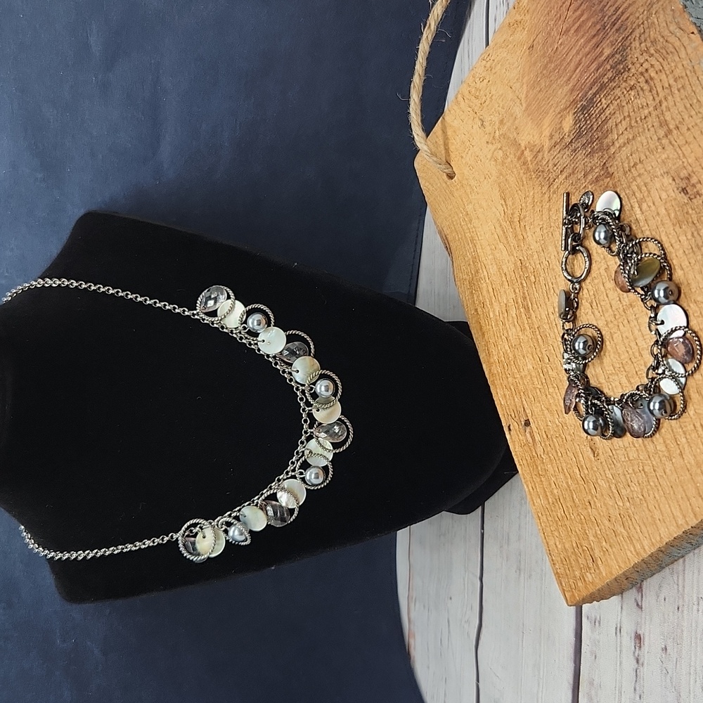 Cookie Lee | Necklace Bracelet Set Hematite Faux Pears Shell‎ Dangle